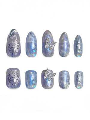 Blue Frost Butterfly Detachable Clip-on Nails